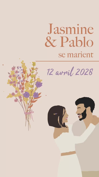 Vidéo de 22 secondes pour annoncer votre mariage de façon originale sur le thème bouquet de mariée couleur orange violet et illustration de votre couple