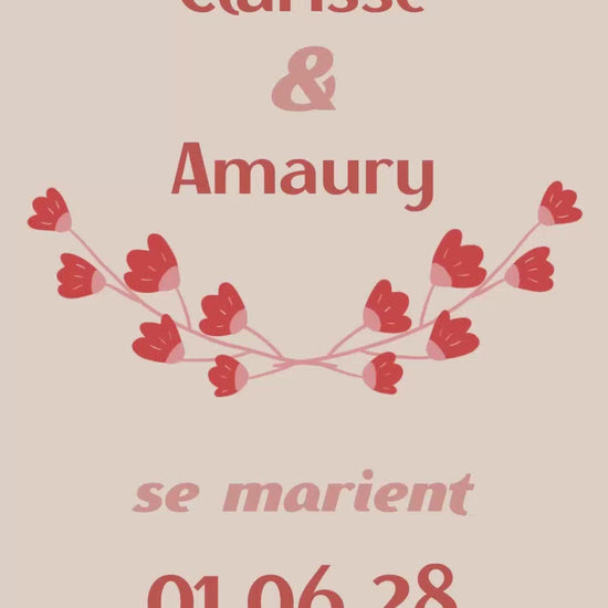 Save the date animé de 22 secondes thème mariés en fleurs coloris rouge 