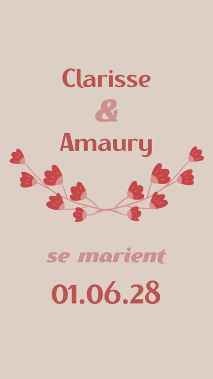 Save the date animé de 22 secondes thème mariés en fleurs coloris rouge 