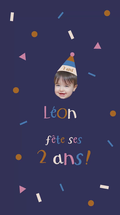 Vidéo de 30 secondes pour invitation anniversaire pour votre enfant sur le thème "Confettis en folie" couleur bleu nuit avec la photo de votre enfant 