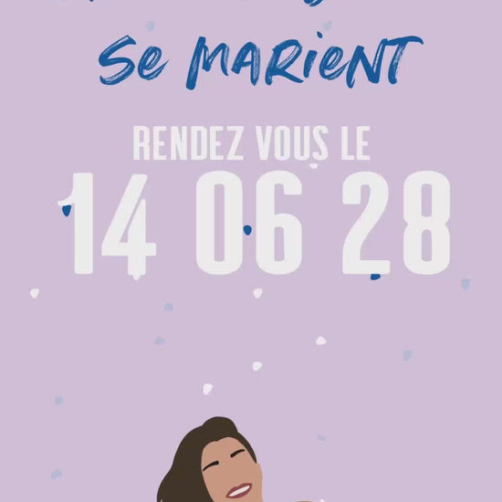 Save the date vidéo de 22 secondes coloris bleu violet avec illustration de votre couple, thème festif