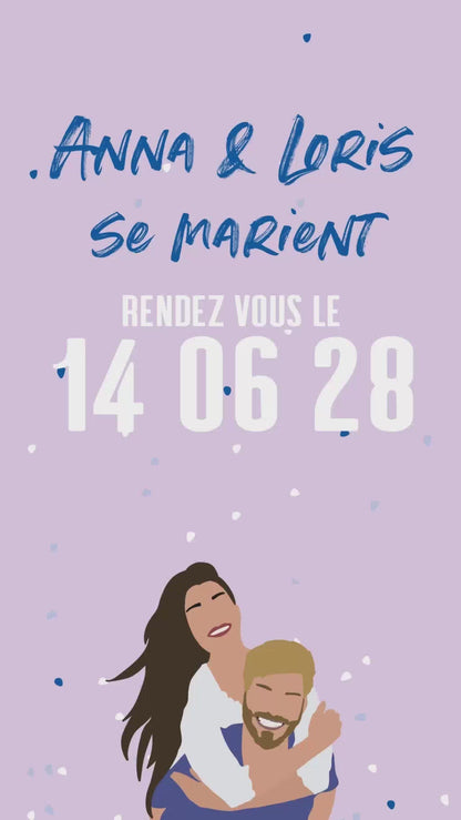 Save the date vidéo de 22 secondes coloris bleu violet avec illustration de votre couple, thème festif