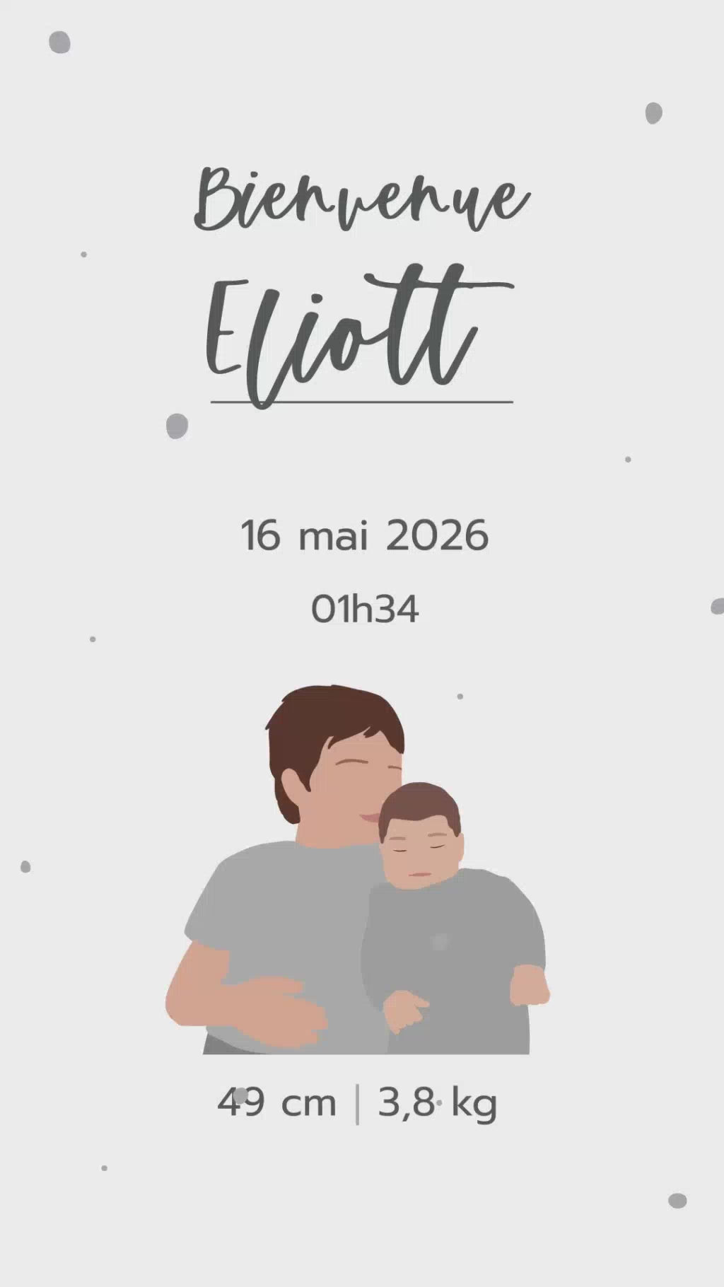 Vidéo de faire-part naissance de 32 secondes pour annoncer l'arrivée de votre enfant, thème petits points avec illustration de votre enfant