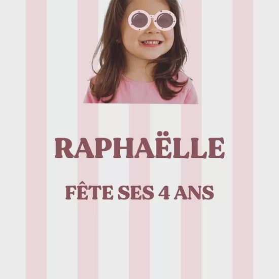 vidéo de 30 secondes invitation anniversaire thème rayures roses avec photo de votre enfant et avec des lunettes de soleil