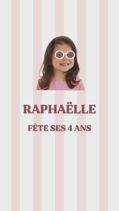 vidéo de 30 secondes invitation anniversaire thème rayures roses avec photo de votre enfant et avec des lunettes de soleil